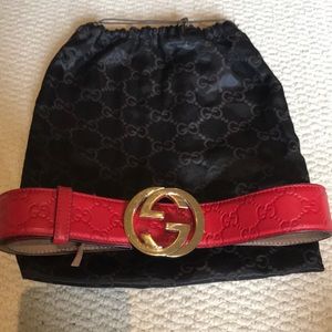 Gucci Red Leather Belt, Gold Buckle